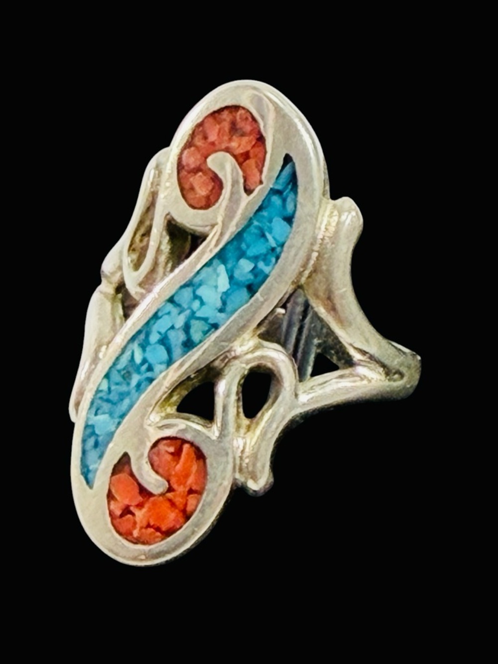 Vtg Sterling Silver Navajo Coral Turquoise Inlay Southwestern Ring Size 7